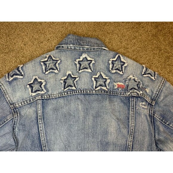 POLO RALPH LAUREN Denim Jacket Stars Patches Distressed Destroyed Equestrian XS - Picture 9 of 15